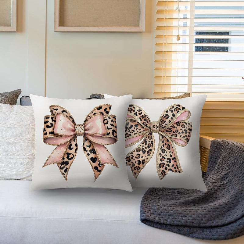 Nipil Trendy Coquette Leopard Bow Pillow Covers 18x18 Set of 2, Coquette Room Decor, Cheetah Print Room Decor, Leopard Print Decorative Throw Pillow Covers Pillowcases for Girly Bedroom Dorm Apartment - Image 4